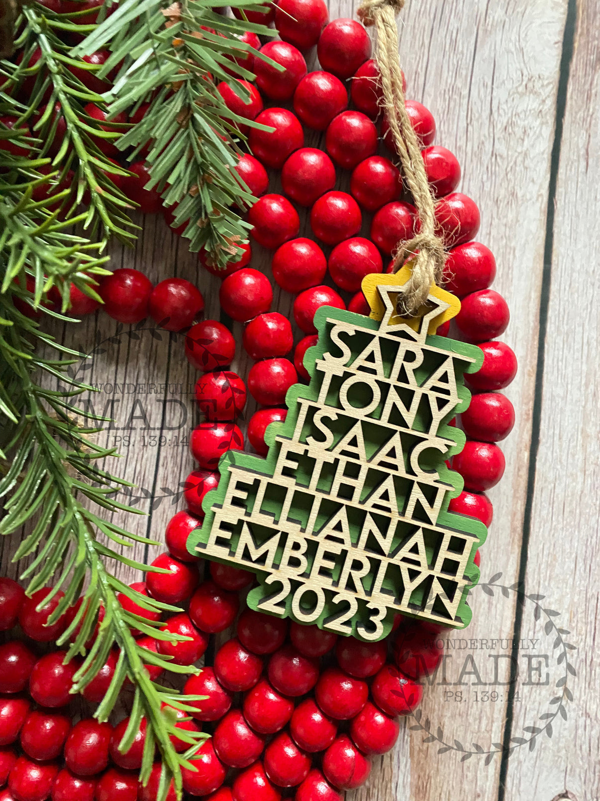 Custom Family Names Christmas Tree Ornament Wonderfully Made Gifts