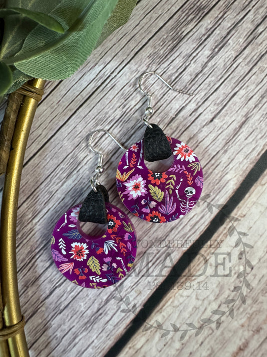 Purple Flowers 'n Skeletons-Leather Hoops